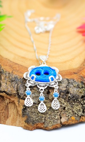 Telkari İşlemeli Midyat Süryani Nazar Boncuğu Bayan Gümüş Kolye