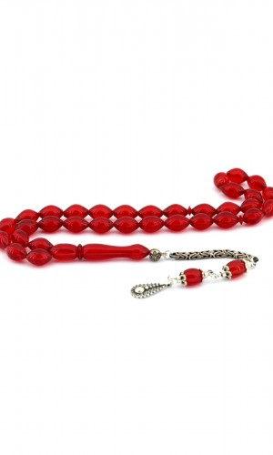 Arpa Kesim Kırmızı Gümüş Püsküllü Sıkma Kehribar Tesbih Arpa Kesim Kırmızı Gümüş Püsküllü Sıkma Kehribar Tesbih