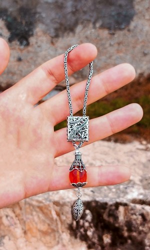 Fosil Kehribarlı Usta işi Gümüş Anahtarlık