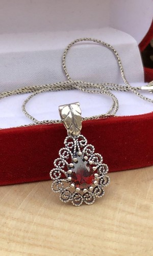 Garnet Taşlı Damla Tasarım Telkari Gümüş Üçlü Set