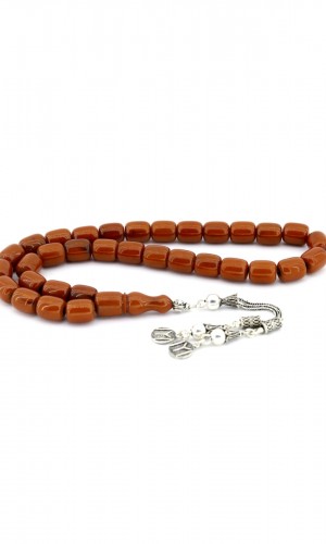 Kahverengi Kesme Kapsül Gümüş Püsküllü Sıkma Kehribar Tesbih