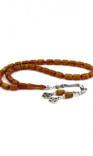 Kahverengi Kesme Kapsül Gümüş Püsküllü Sıkma Kehribar Tesbih