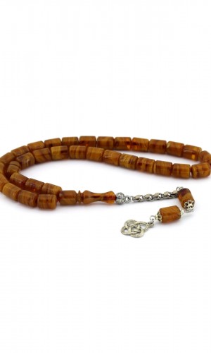 Kesme Hareli Gümüş Püsküllü Sıkma Kehribar Tesbih