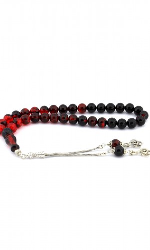 Kırmızı Siyah Gümüş Püsküllü Sıkma Kehribar Tesbih Kırmızı Siyah Gümüş Püsküllü Sıkma Kehribar Tesbih