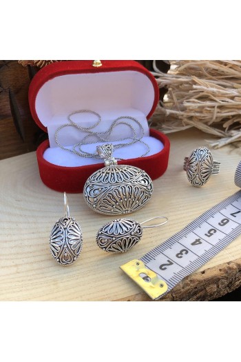 Midyat Yöresel Çiçek Motifli Telkari Gümüş Üçlü Set