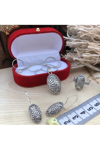 Midyat Yöresel Çiçek Motifli Telkari Gümüş Üçlü Set