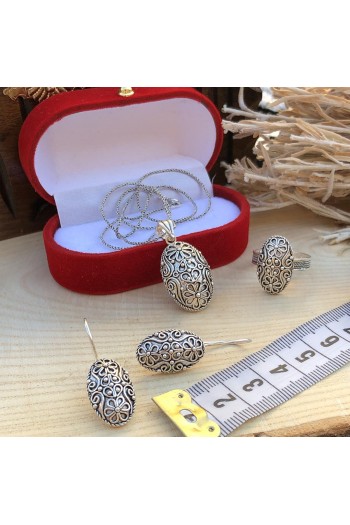 Midyat Yöresel İşleme Telkari Gümüş Üçlü Set