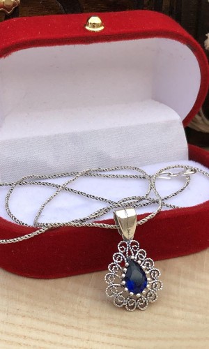 Safir Taşlı Damla Tasarım Telkari Gümüş Üçlü Set