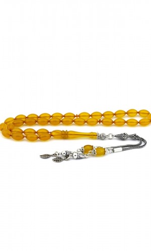 Sarı Arpa Kesim Gümüş Püsküllü Sıkma Kehribar Tesbih