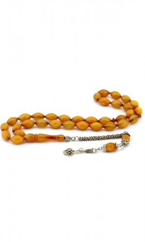 Sarı Hareli Arpa Kesim Gümüş Püsküllü Sıkma Kehribar Tesbih