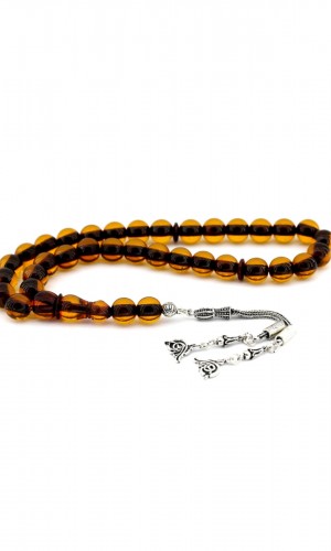 Şeffaf Renk Gümüş Püsküllü Sıkma Kehribar Tesbih