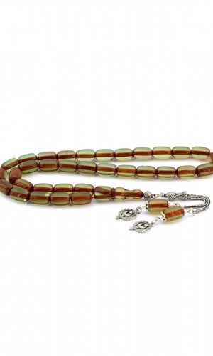 Şeffaf Yeşil Gümüş Püsküllü Sıkma Kehribar Tesbih