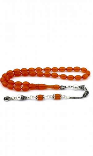 Turuncu Arpa Kesim Gümüş Püsküllü Sıkma Kehribar Tesbih