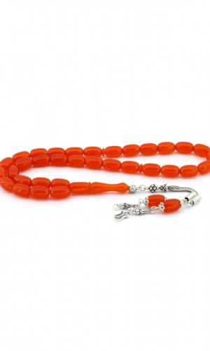 Turuncu Kapsül Gümüş Püsküllü Sıkma Kehribar Tesbih