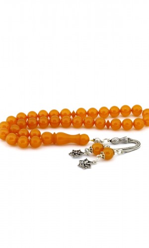 Turuncu Küre Gümüş Püsküllü Sıkma Kehribar Tesbih