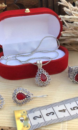Yakut Taşlı Damla Tasarım Telkari Gümüş Üçlü Set
