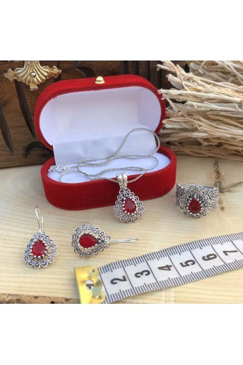 Yakut Taşlı Damla Tasarım Telkari Gümüş Üçlü Set