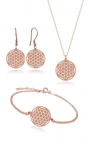 Yaşam Çiçeği Model Rose Kaplama Gümüş Takı Seti