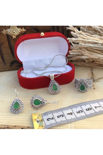 Zümrüt Taşlı Damla Tasarım Telkari Gümüş Üçlü Set