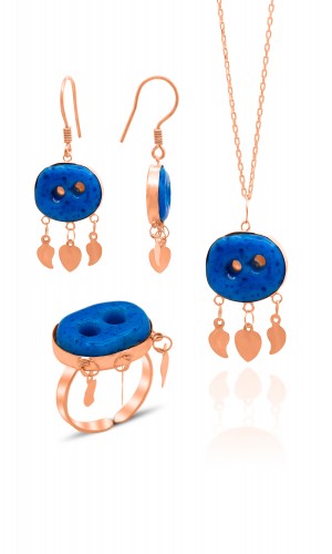 Rose Kaplama Midyat Süryani Nazar Boncuğu Üçlü Gümüş Set