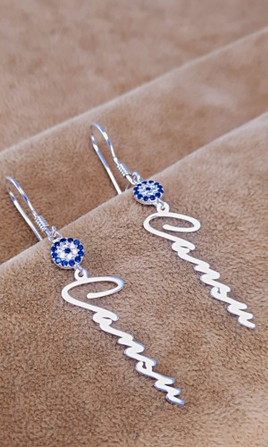 925 Ayar Gümüş Nazar Boncuklu Isim Küpe Zirkon Taşlı  925 Ayar Gümüş Nazar Boncuklu Isim Küpe Zirkon Taşlı