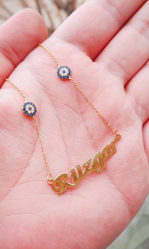  925 Ayar Gümüş Üzeri Kaplama Nazar Boncuklu Isim Kolye 