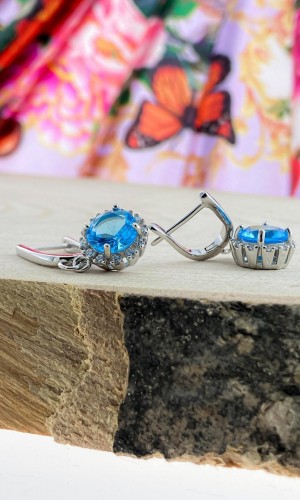 Aquamarin Taşlı Yuvarlak Model Zirkon Gümüş Küpe