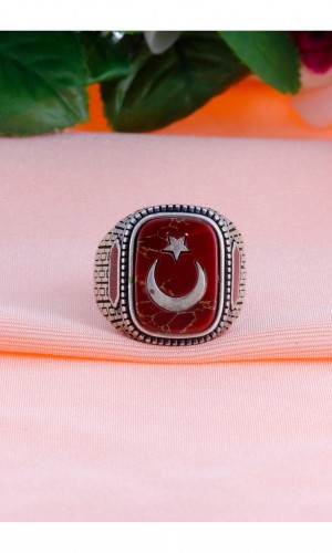 Ayyıldız İşlemeli Akik Taşlı Erkek Gümüş Yüzük 