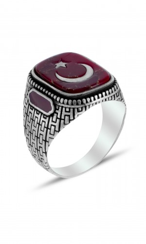 Ayyıldız İşlemeli Akik Taşlı Erkek Gümüş Yüzük 