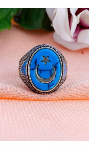 Ayyıldız İşlemeli Firuze Taşlı 925 Ayar Erkek Gümüş Yüzük
