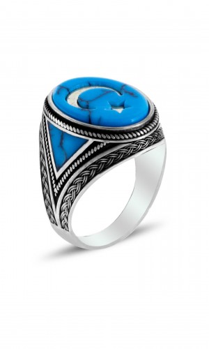 Ayyıldız İşlemeli Firuze Taşlı 925 Ayar Erkek Gümüş Yüzük