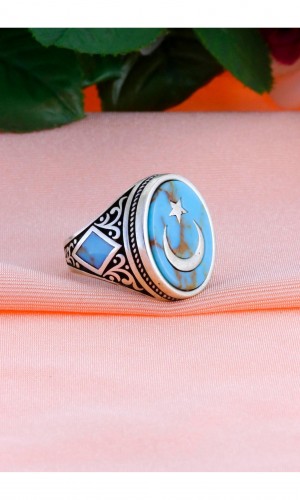 Ayyıldız İşlemeli Firuze Taşlı Erkek Gümüş Yüzük