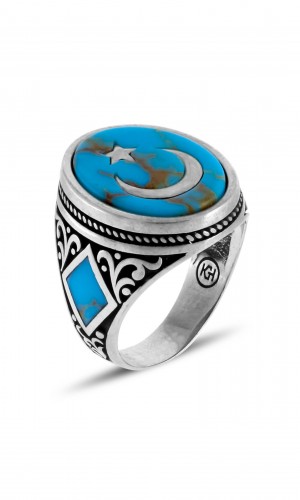 Ayyıldız İşlemeli Firuze Taşlı Erkek Gümüş Yüzük