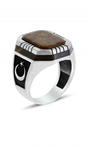 Ayyıldız İşlemeli Kaplangözü Taşlı Erkek Gümüş Yüzük 
