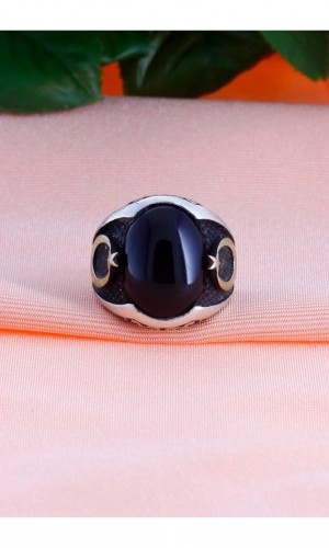 Ayyıldız İşlemeli Oniks Taşlı Erkek Gümüş Yüzük 