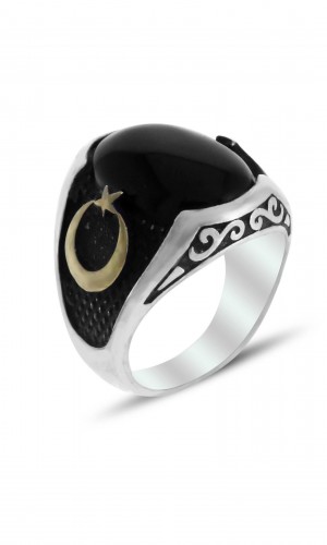 Ayyıldız İşlemeli Oniks Taşlı Erkek Gümüş Yüzük 
