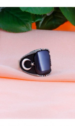 Ayyıldız İşlemeli Oniks Taşlı Erkek Gümüş Yüzük 