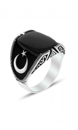 Ayyıldız İşlemeli Oniks Taşlı Erkek Gümüş Yüzük 