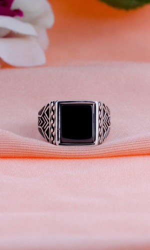 Babil Tasarım Oniks 925 Ayar Erkek Gümüş Yüzük