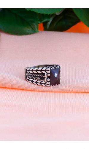 Başak İşlemeli Zirkon Taşlı Erkek Gümüş Yüzük