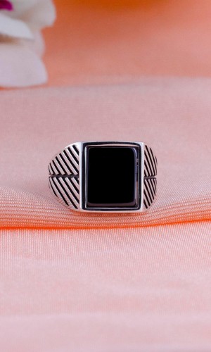 Çizgi Tasarım Akik Oniks 925 Ayar Erkek Gümüş Yüzük