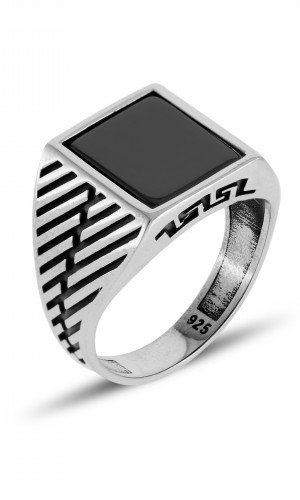 Çizgi Tasarım Akik Oniks 925 Ayar Erkek Gümüş Yüzük