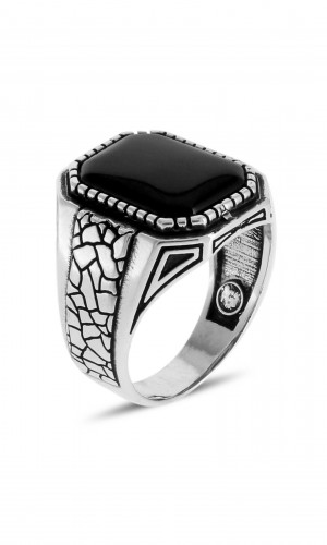Çöl Çatlağı İşlemeli Oniks Taşlı Erkek Gümüş Yüzük