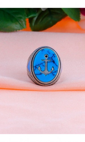 Denici Çapası İşlemeli Firuze Taşlı Erkek Gümüş Yüzük