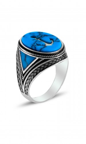 Denici Çapası İşlemeli Firuze Taşlı Erkek Gümüş Yüzük