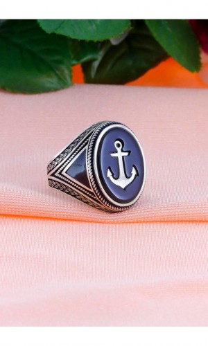 Denici Çapası İşlemeli Oniks Taşlı Erkek Gümüş Yüzük