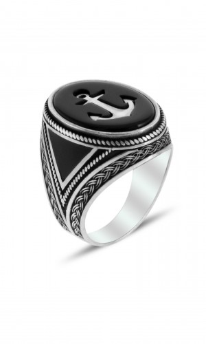 Denici Çapası İşlemeli Oniks Taşlı Erkek Gümüş Yüzük