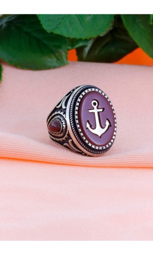 Denizci Çapası Akik Taşlı Erkek Gümüş Yüzük 