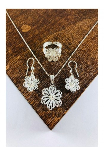 El Işi Çiçek Motifli Telkari Üçlü Set 