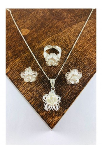 El Işi Çiçek Motifli Telkari Üçlü Set